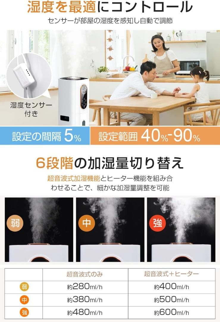 新品 RS ハイブリッド式加湿器 加湿器 大容量 9L 加熱式 超音波式