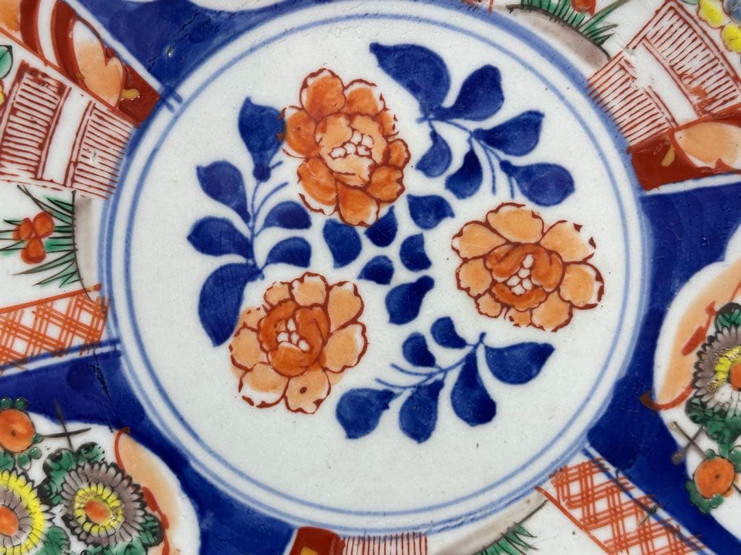 明治頃 古伊万里 有田焼 大皿 染錦牡丹菊花図 山徳窯印 直径30cm飾皿 6枚