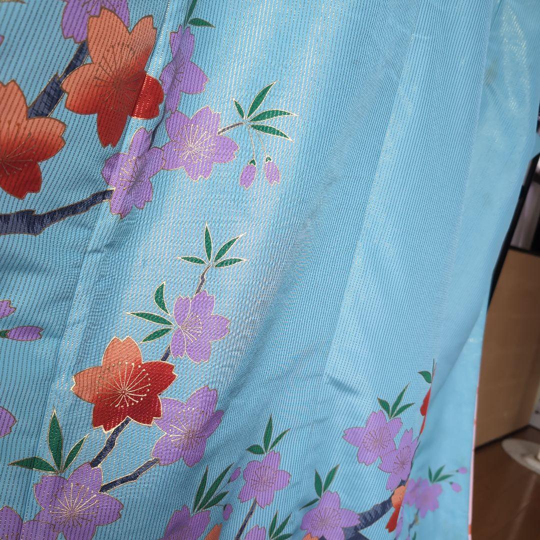 新舞踊　水色 桜柄 着物　裾引き