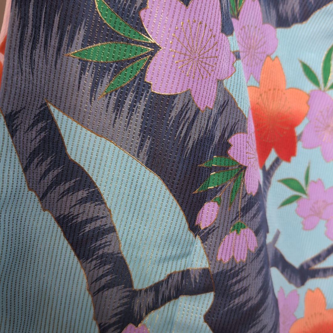 新舞踊　水色 桜柄 着物　裾引き