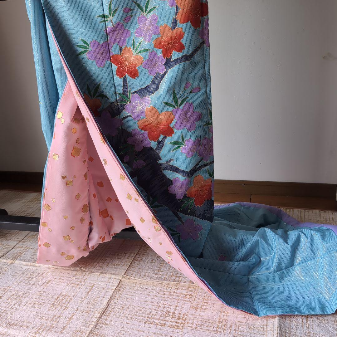 新舞踊　水色 桜柄 着物　裾引き