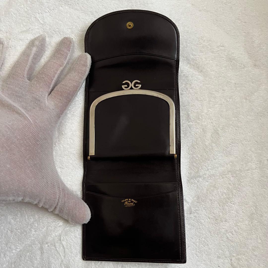 極上レザー グッチ 三つ折り財布 がま口 ダークブラウン