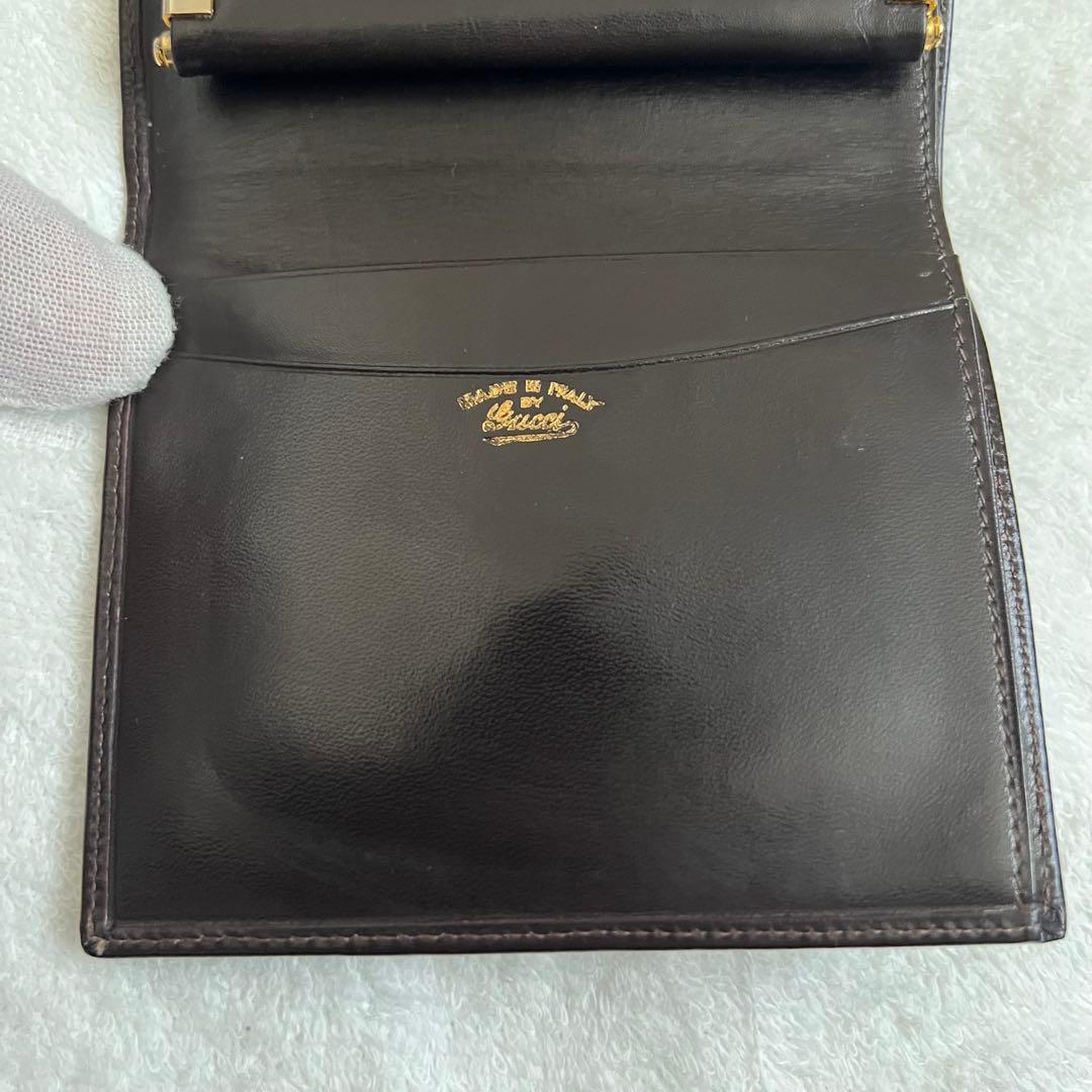 極上レザー グッチ 三つ折り財布 がま口 ダークブラウン
