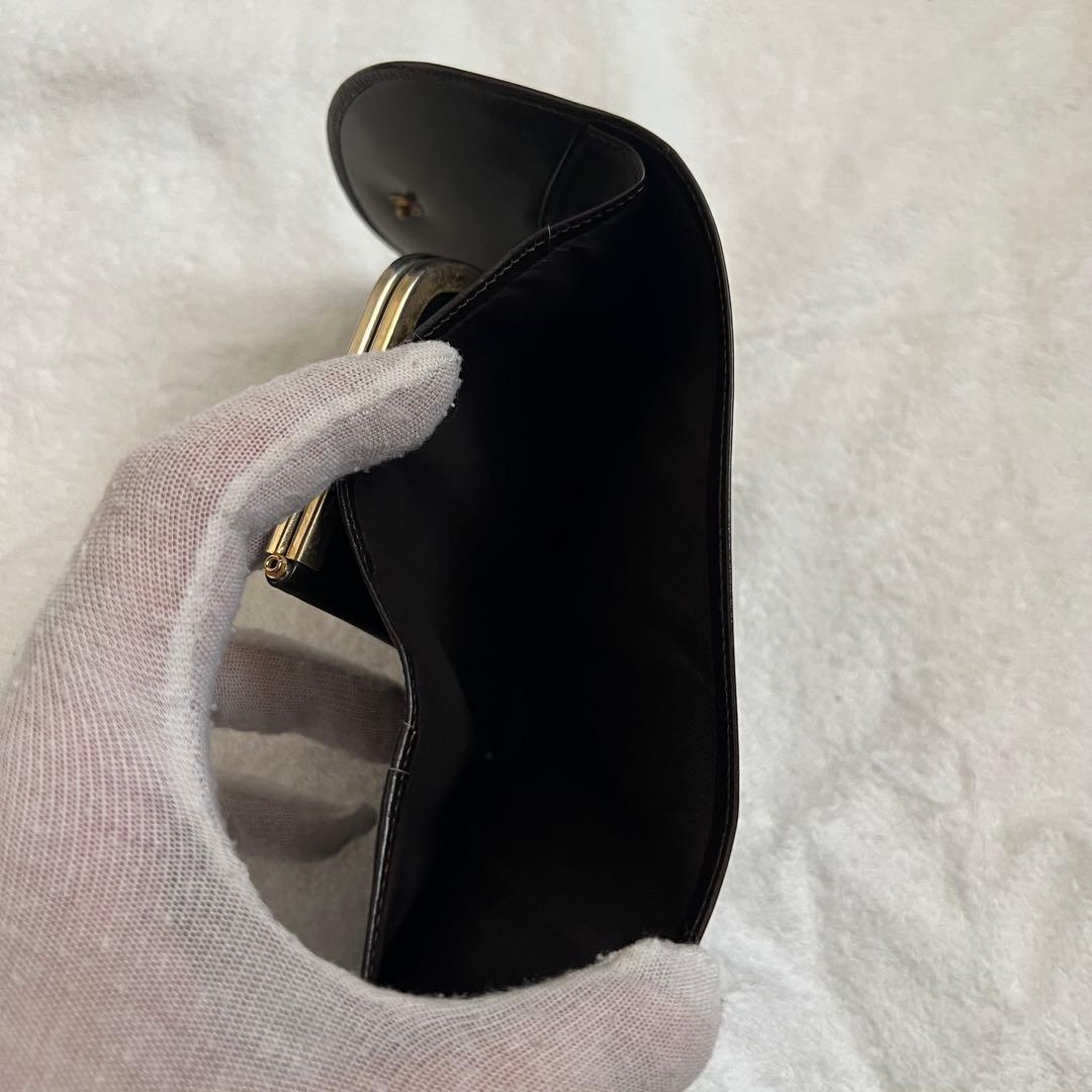 極上レザー グッチ 三つ折り財布 がま口 ダークブラウン