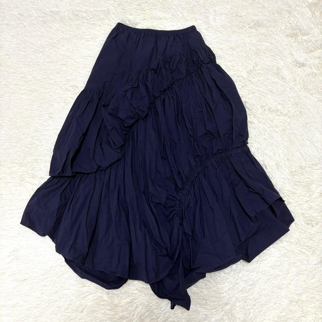 希少 ナゴンスタンス ポプリン ギャザー 変形 ロングスカート ネイビー
