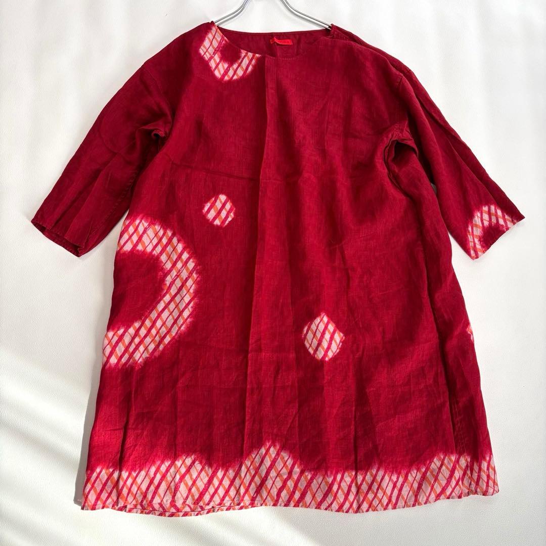 ヨーガンレール ひざ丈ワンピース リネン100% Mサイズ 模様 レッド