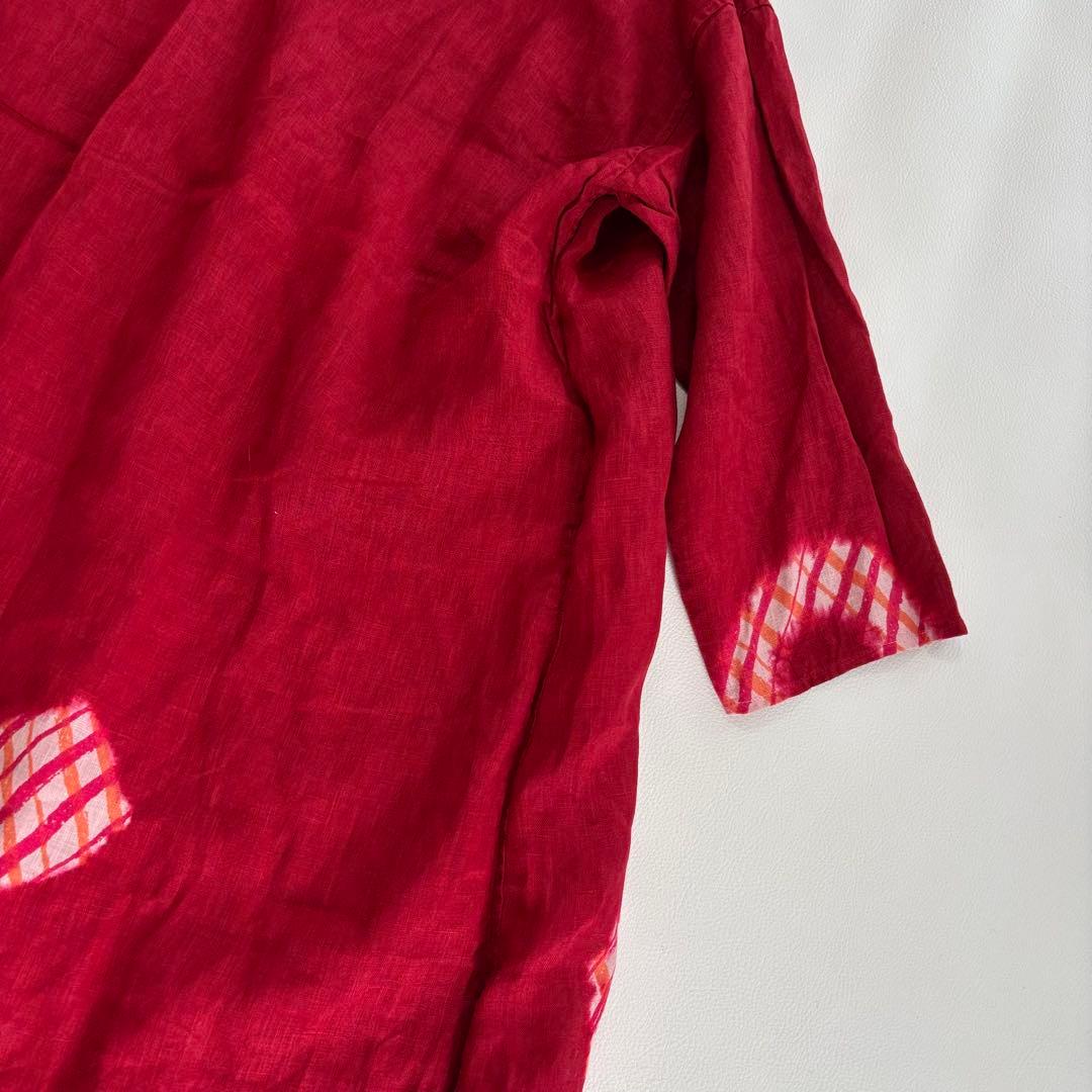 ヨーガンレール ひざ丈ワンピース リネン100% Mサイズ 模様 レッド