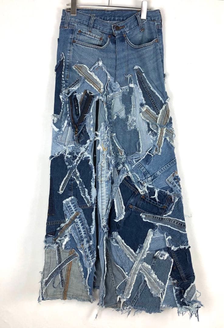 3054 リメイク　デニムスカート　再構築　パッチワーク　青