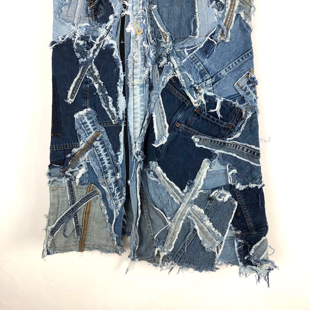 3054 リメイク　デニムスカート　再構築　パッチワーク　青