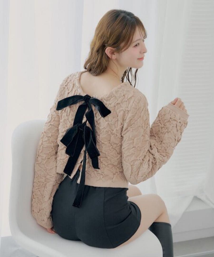 Chico 前後2wayフロントリボン配色カーディガン